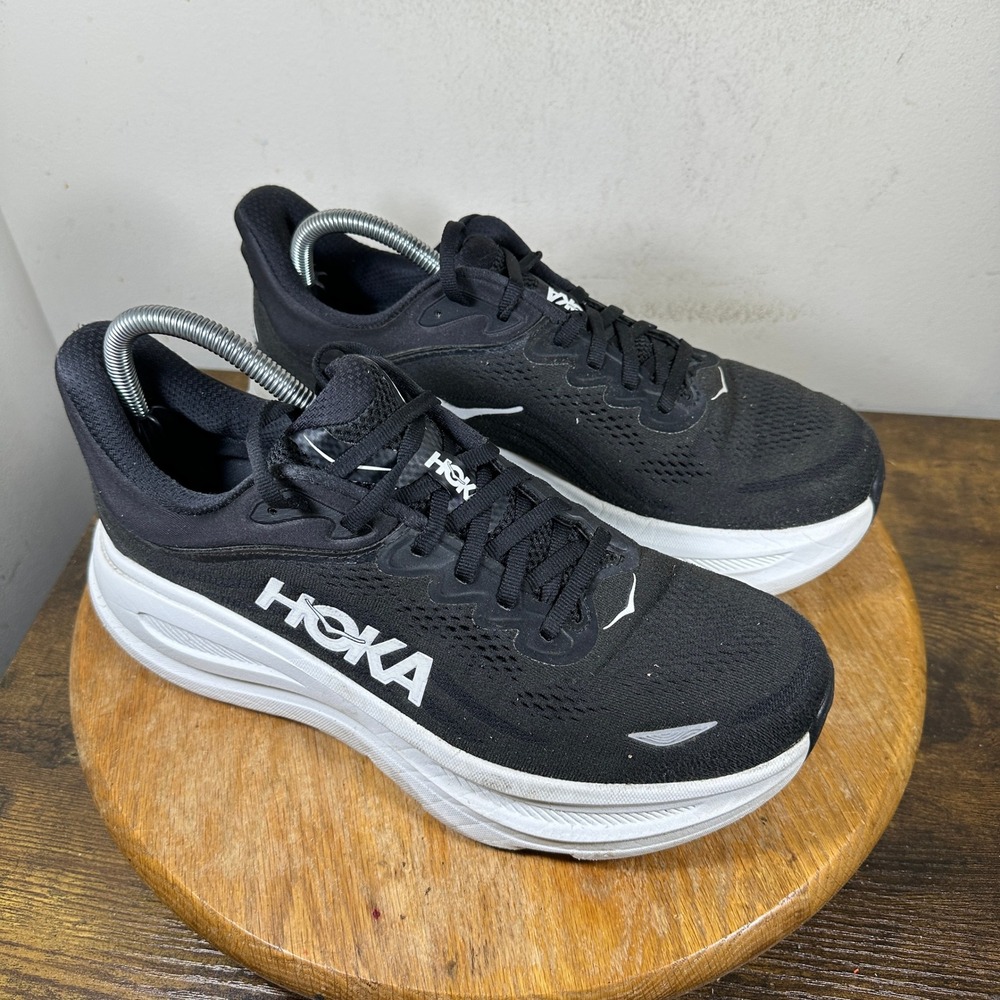 Hoka One One Bondi 8 Womens 10.5 Wide Black White Shoes 1162014 BWHT